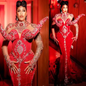 2024 Aso Ebi Mermaid Red Prom Dress Beaded Lace Crystals Evening Formal Party Second Reception Birthday Engagement Gowns Dresses Robe De Soiree ZJ348