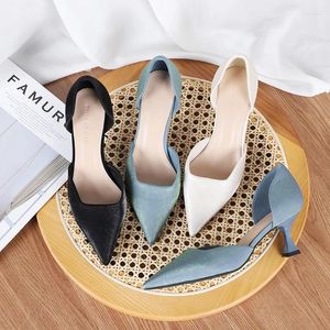 Dress Shoes 2023 Women Heels Female Vintage Luxury Silk Pointed Toe Middle Ladies Brand Design Elegant Sexy Wedding