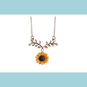 Orecchini Collana Girasole Set di gioielli Collana Ciondolo in vetro Immagine Festa Dichiarazione Fiore Foglia Girocolli Collane Consegna di goccia Dhc9H