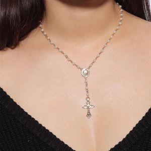 Sparkly Cross Pendant Choker Necklace Long Imitation Pearl Beaded Chain Rosary Madonna Coin Necklaces Pendants Religious Jewelry1986