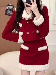 Abiti da lavoro Inverno Rosso Caldo Natale Set a due pezzi Donna Pelliccia Stile Preppy Dolce Gonna Completo Donna Manica lunga Vintage Anno 2023