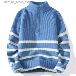 Men's Sweaters Winter Man's Sweater Warm Pullover Strips Half Zipper Casual Sweatwear Slim V-neck Long Sleeve Knit Sweatshirts Men Winter Top Q231205