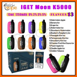 オリジナルのIget Moon 5000 Puff使い捨て蒸気5KパフペンEタバコパワフル1750MAHバッテリー13MLプレフィルドポッドメッシュコイル13フレーバーレベルデバイスカートリッジ蒸気