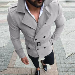 Nova mistura de lã masculina jaqueta masculina fino ajuste manga longa terno superior trench coat outwear com capuz outono inverno botão quente