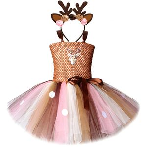 Flickans klänningar Brown Deer Tutu Dress for Girls Christmas Halloween Costume Kids Reindeer Princess Dresses Knee Length Xmas Children's Clothes 231204