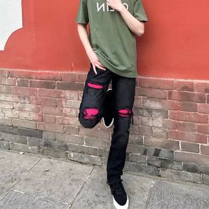 Net red explosive washed holes taped jeans men spring and autumn trend fashion straight tube Korean version slim long pants 28