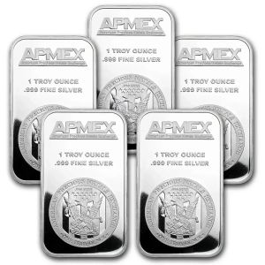 Lingotto d'argento da 1 oz Apmex Lotto di 5 lingotti Moneta da lingotto d'argento degli Stati Uniti