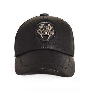 Boll Caps Fashion Spring/Winter Man äkta läder Badge Black Baseball Caps Male Casual Cowhide Belt 55-60 Justerbara Sprot Flight Hats 231204