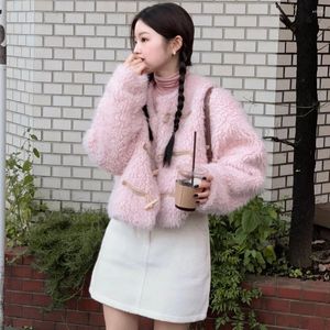 Women's Jackets Korean Cute Aging Advanced Sense Horn Button Fur Short Coat Warm And Thick Pink Plush