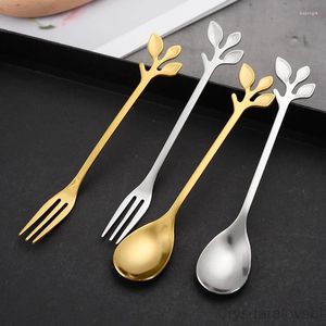 Dinnerware Sets Stainless Steel Leaf Golden Coffee Stirring Spoon Titanium-plated Ice Cream Dessert Honey Birds Nest Long Handle Small