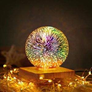 Vinglas LED 3D Firework Night Light Colorful Atmosphere Table Lamp Romantic Starry Sky Bedside With Wood Base Home Decoration 231205