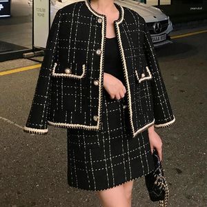 Arbeitskleider Herbst Elegant Schwarz Plaid Woolen Tweed Jacke Mantel Minirock Set Büro Frauen Zweiteilige Outfits Trainingsanzug
