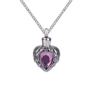 Urna Naszyjnik Purple Birthstone Wing Serce Wiselant Memorial Ash Peepsake Cremation Biżuteria stal nierdzewna z torbą prezentową i łańcuch 3057