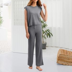 Zweiteilige Damenhose, 2 Lounge-Sets, Rundhalsausschnitt, Kordelzug in der Taille, Anzug, lässiger Stil, ärmelloses Hemd, Oberteil, Urlaubsoutfit