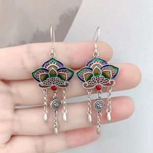 Baumelnde Ohrringe Ethno 925 Sterling Silber Grün Gelb Lotus Quaste Frauen Emaille Hohle Blume Lange Hängende Schmucksachen EH238