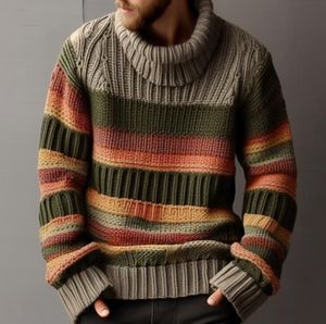 Autumn Men's Sweaters Långärmad mode Turtleneck män Vintage randiga stickade toppar Herrtröja Casual Loose Knit Pullover