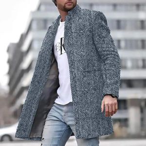 2023 nuovi uomini misto lana giacca cappotto di lana a righe stampa geometrica vestiti da uomo giovane autunno inverno monopetto tasca soprabito outwear