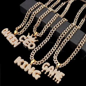 Cadenas Hip Hop KING QUEEN Carta Collares pendientes para mujeres Hombres Iced Out Crystal Miami Collar de cadena de eslabones cubanos Punk Rock Jewelr220M