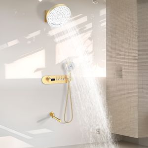 Banheiro escovado ouro sistema de chuveiro luxo 4 funções display digital termostático conjunto torneira do chuveiro bronze