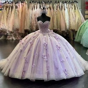 Lavanda brilhante querida vestido de baile quinceanera vestido fora do ombro 3d flores apliques miçangas espartilho vestidos para xv anos