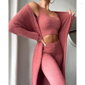 Kadınlar İki Parçalı Pantolon Zarif Uzun Kollu Ceket Mahsul Üst Sıska Sıska Terozlu Salonu Seksi Peluş 3 Set Homewear Kadınlar için 2023