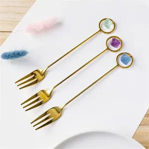 Coffee Scoops Spoon Fork Natural Stainless Steel Water Droplet Type Violet Blue Green Fluorite Gold Tableware Stone