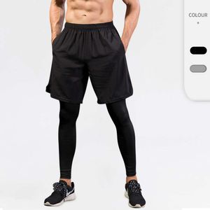 Calças apertadas masculinas falsas duas peças fitness esportes corrida treinamento amazon casual elástico calças de secagem rápida 7010