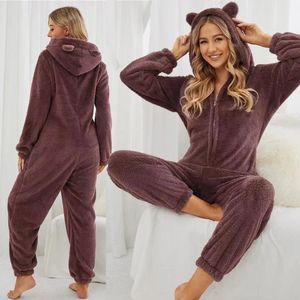 2024Womens S-5XL Winter Warm Hoodied Pyjamas Women Fluffy Coral Onesies Jumpsuits Thicken Fleece Sleepwear Overall Hood Pajamas 231205