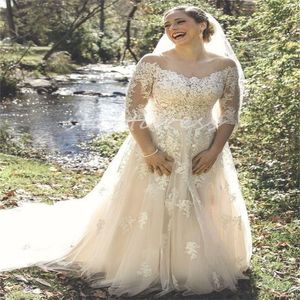 Country Light Champagne Wedding Dress 2024 Sheer Neck Court Train Spets Gatsby Boho Bride Dress with Sleeve Plus Size Tulle Mariage Civil Bridal Gowns Vestios de Novia