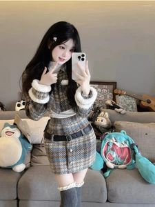 Work Dresses Sweet Girl Cute Suit Women's Autumn Vintage Plaid Contrast Fur Coat High Waist Mini Skirt Two-piece Set Fashion Female Clothes