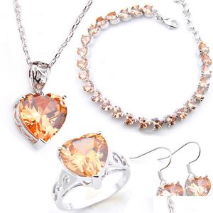 Biżuteria ślubna Zestawy Luckyshine Bride Biżuteria Set Heart Morganite Earring Penring Pierścienie Bransoletka 925 Sterling Sier Splated Crystal Zir Dhuop