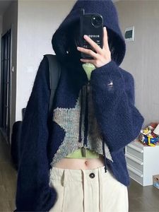 Women's Hoodies 2023 Autumn Retro Cardigan Women's Patch Work Star Sweater Y2k Retro Knitted Lace Hooded Sweater 231205