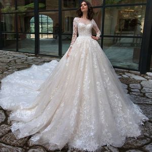 luxurious Long Sleeves Lace Appliques Wedding Dresses 2023 Princess Illusion Beaded With Chapel Train VintageA-Line Bridal Gown
