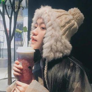 BeanieSkull Caps Rabbit Fur Knitted Russian Hat Warm Ear Flaps Winter Bomber Hat Women Trapper Snow Skiing Caps Winter Fur 231204