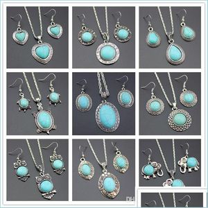 Other Jewelry Sets 10Pcs/Lot Newest Jewelry Set Temperament Flower Shaped Turquoise Earrings Necklace Two Piece Accessories Drop Deliv Dh4Ep
