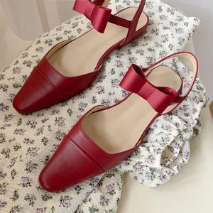Сандалии красные, женская обувь на низком каблуке с квадратным носком и бантом, на мелкой эластичной спине, с полым слоем из натуральной кожи, Мэри Джейн