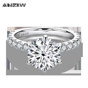 Anziw 925 prata esterlina 4ct anel de corte redondo para mulher 6 pontas simulado diamante noivado anel de banda de casamento jóias237m
