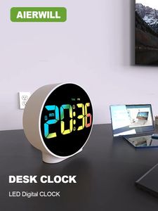 Desk Table Clocks Aierwill N16 Round Alarm Clock with Snooze Calendar 1224H Week Digital LED Tables Clock for Bedrooms Bedside Desk Shelf 231205