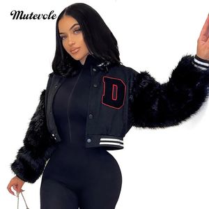 Two Piece Dress Mutevole Baseball Jacket Women Faux Fur Fluffy Long Sleeve Coat Letter Print Button Patchwork Furry Crop Top Fall Bomber 231205