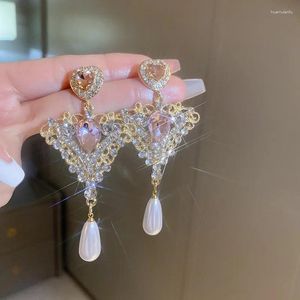 Dingle örhängen vintage strass hjärta droppar pärla droppe för kvinnor fransk stil designkänsla kvinnliga smycken