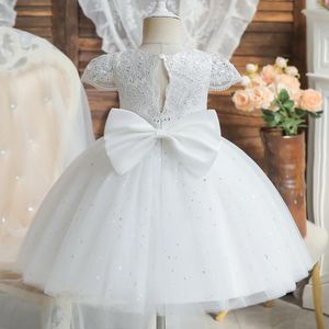 Flickaklänningar småbarn Baby Party Flower Girls Dress for Wedding Vintage Princess Tutu Brodery Lace 1st Birthday Baptism White Gown