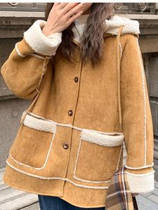 Casacos de trincheira femininos 2023 outono inverno com capuz casaco de lã de cordeiro pele de carneiro camurça parka engrossado cardigan motocicleta jaqueta de couro