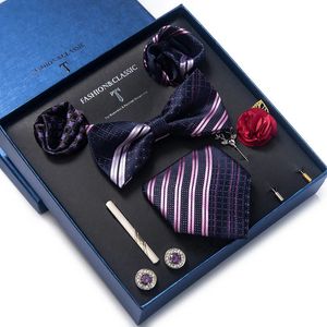 Neck Ties Holiday Present Tie Handkerchief Pocket Squares Cufflink Set Necktie Box Striped Dark Blue April Fool's Day 231204