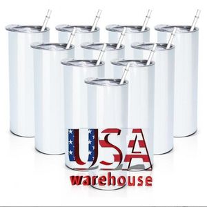 Free Shipment USA/CA Stocked 20oz Blank Sublimation Tumblers Insulated Mugs With Plastic Lid And Straw For Hot Print Stainless Steel Cup JN02