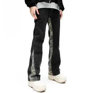 Мужские джинсы крутой дизайн камуфляжные лоскутные прямые мужские брюки Y2K одежда хип-хоп стираные черные повседневные длинные брюки Ropa Hombre 231204