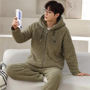 Pijamas de inverno masculino conjunto de pijamas de inverno quente com capuz casa terno coral velo zip-up homewear 2 peças conjuntos masculino loungewear