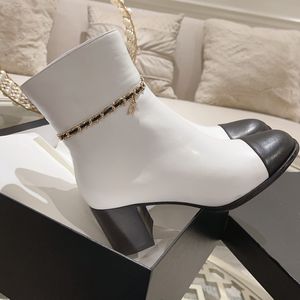 Newest brand Luxury Designer Women Short Boots Round Toe Chunky Heel TOP Quality Nature Leather Metal chain Patchwork Mid-calf Fashion Chelsea Boots Female