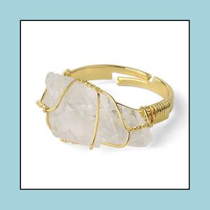 Pierścień Solitaire naturalny kamień kryształowe Kryształ Kobiety nieregularny drut opakowanie gojenia fioletowe fluorytowe kolory złotego rozmiaru biżuterii palec dhzye