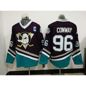 Andra idrottsartiklar Purple Mighty Ducks Men's Ice Hockey Jerseys 96 Charlie Conway All Stitched 231204