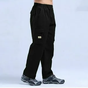 Calças masculinas cor sólida streetwear perna larga com cintura elástica multi bolsos para conforto respirabilidade